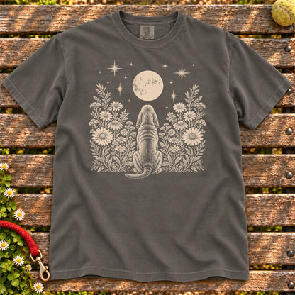Bloodhound Moon Garden on a Pepper T-shirt, shown flat