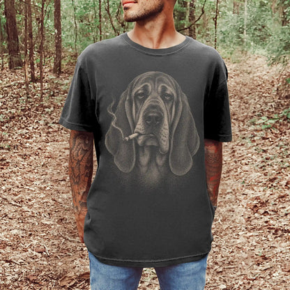 Model wearing a Bloodhound smoking design on a Pepper t-shirt