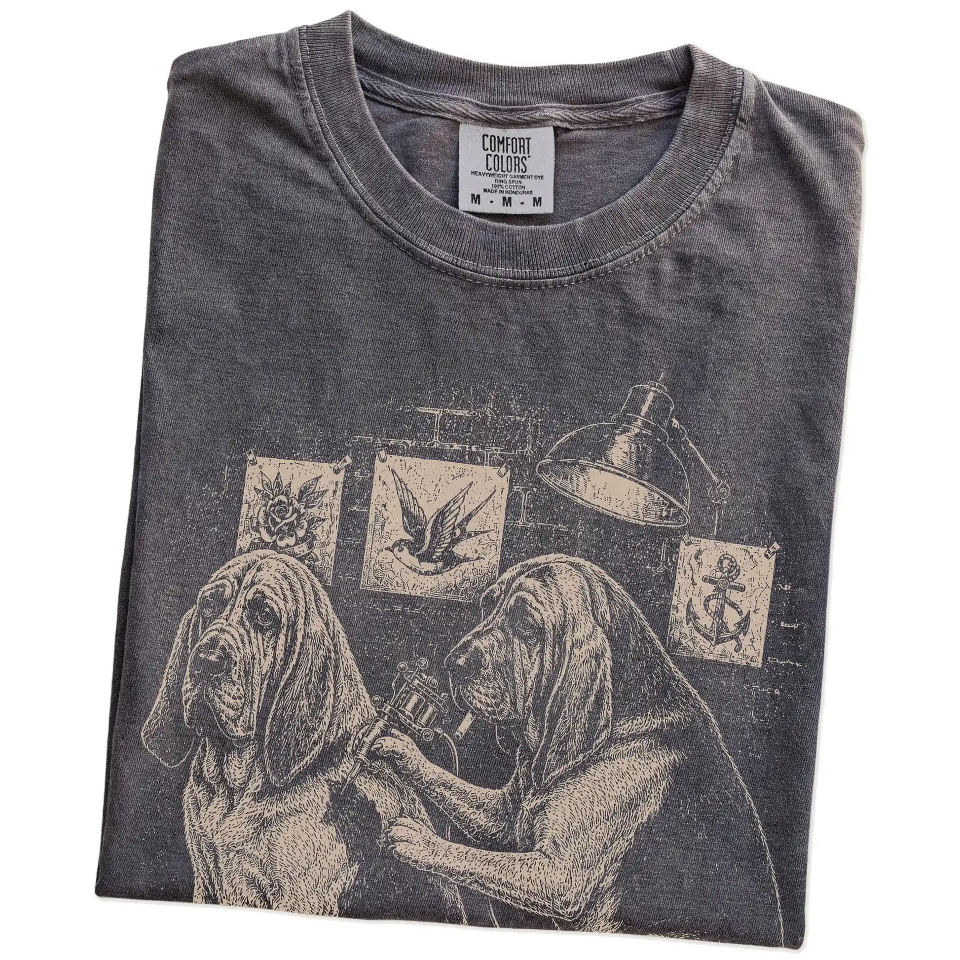 Folded Pepper Bloodhound Tattoo t-shirt showing the graphic