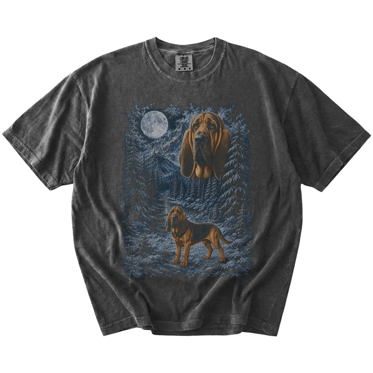 pepper T-shirt with Bloodhound Winter Moon artwork.