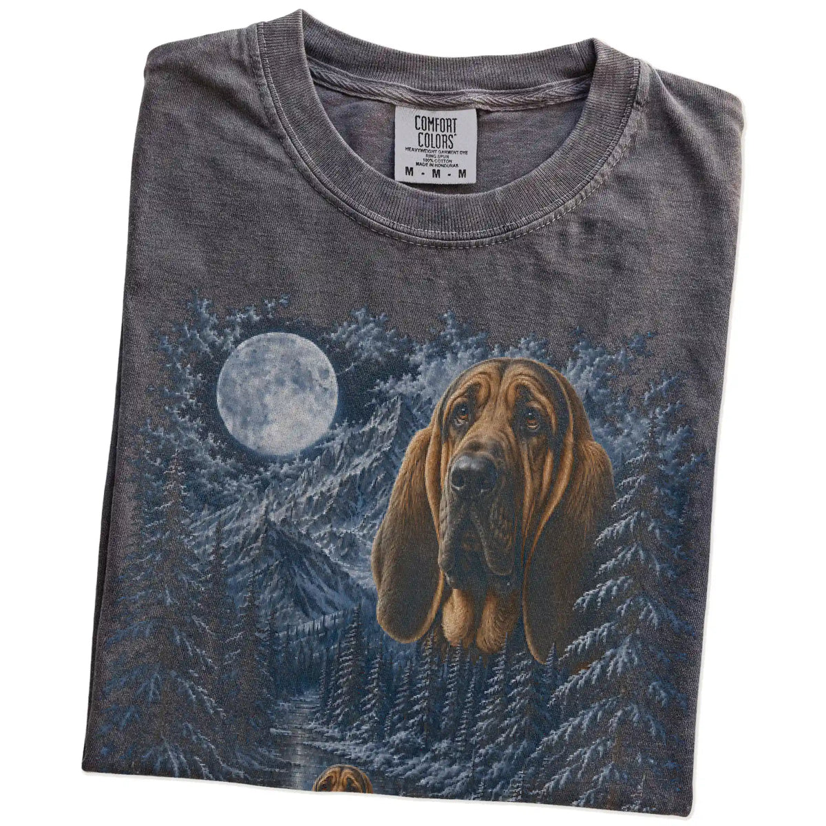 Folded pepper T-shirt with Bloodhound Winter Moon artwork.