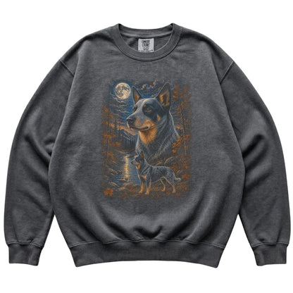 pepper sweatshirt with Blue Heeler Autumn Moon artwork.
