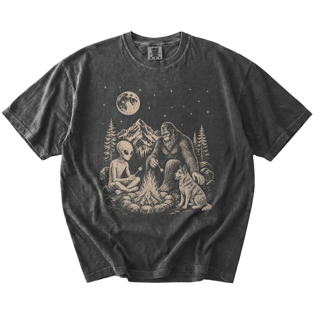 Blue Heeler camping with Bigfoot and an alien on a Pepper Comfort Colors® T-shirt