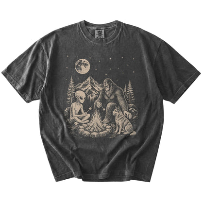 Blue Heeler camping with Bigfoot and an alien on a Pepper Comfort Colors® T-shirt