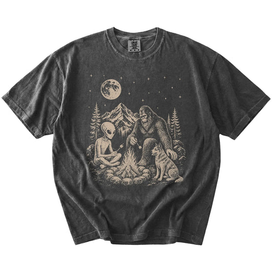 Blue Heeler camping with Bigfoot and an alien on a Pepper Comfort Colors® T-shirt