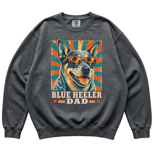 Retro Blue Heeler Dad design on a Pepper Comfort Colors sweatshirt