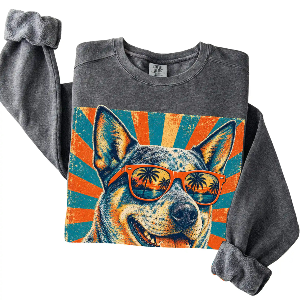 Folded Pepper Comfort Colors sweatshirt with a Retro Blue Heeler Dad design