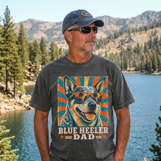 Retro Blue Heeler Dad design on a Pepper Comfort Colors T-shirt worn by a model
