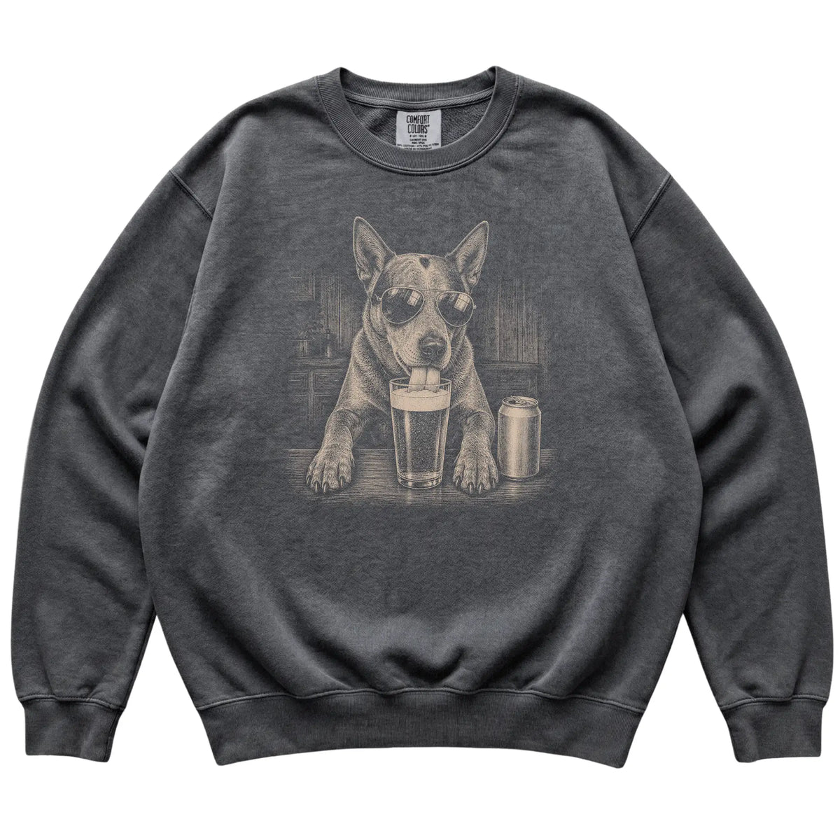Pepper Blue Heeler drinking from a pint at a bar, laid flat
