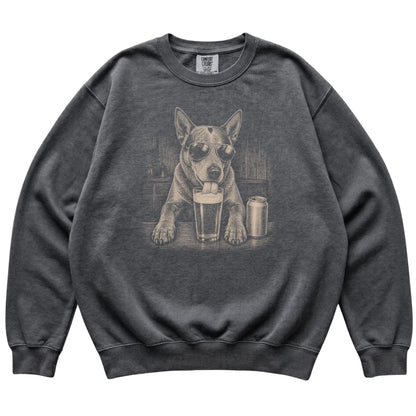 Pepper Blue Heeler drinking from a pint at a bar, laid flat