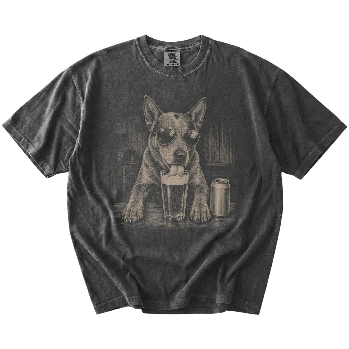 Blue Heeler sneaking a drink from a foamy pint at home on a Pepper Comfort Colors® t-shirt