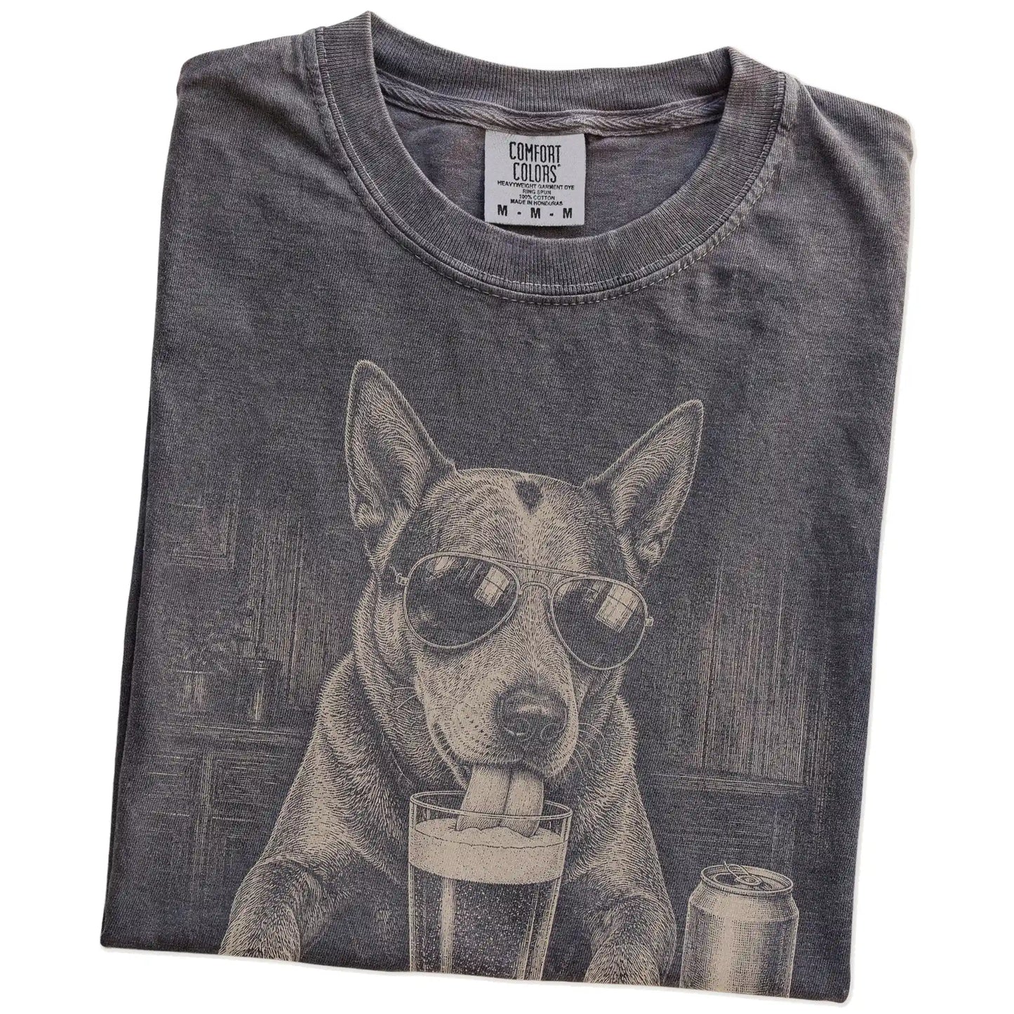 Folded Pepper Comfort Colors® t-shirt showing Blue Heeler sneaking a drink from a pint