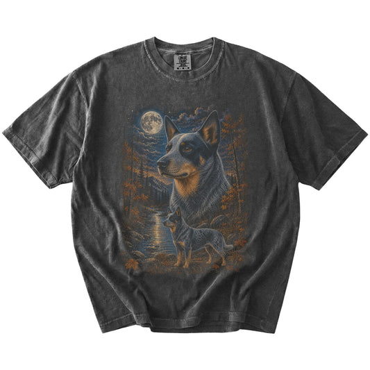 Blue Heeler in a moonlit fall forest scene on a Pepper Comfort Colors® t-shirt