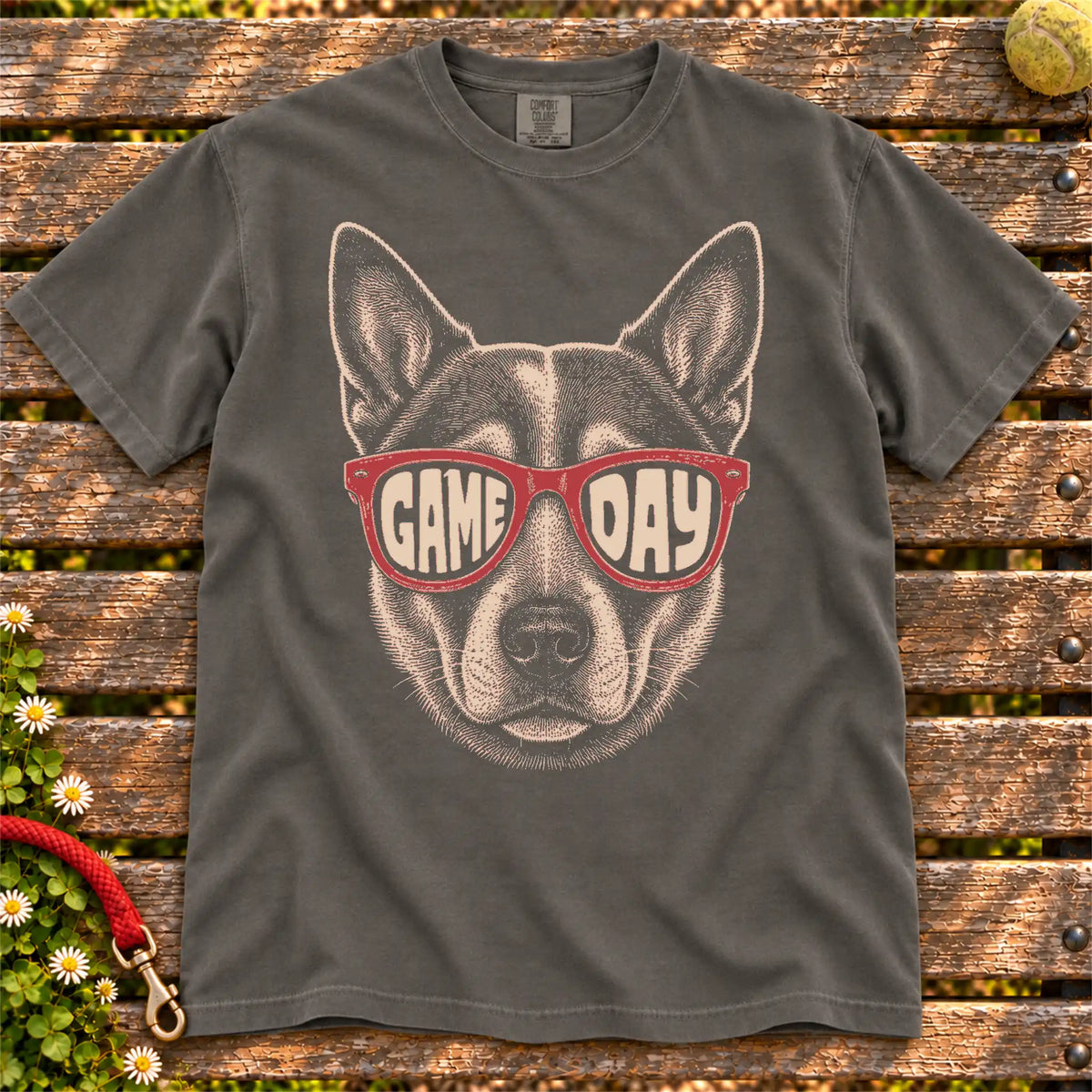 Blue Heeler Game Day design on a Pepper Comfort Colors T-shirt, shown flat