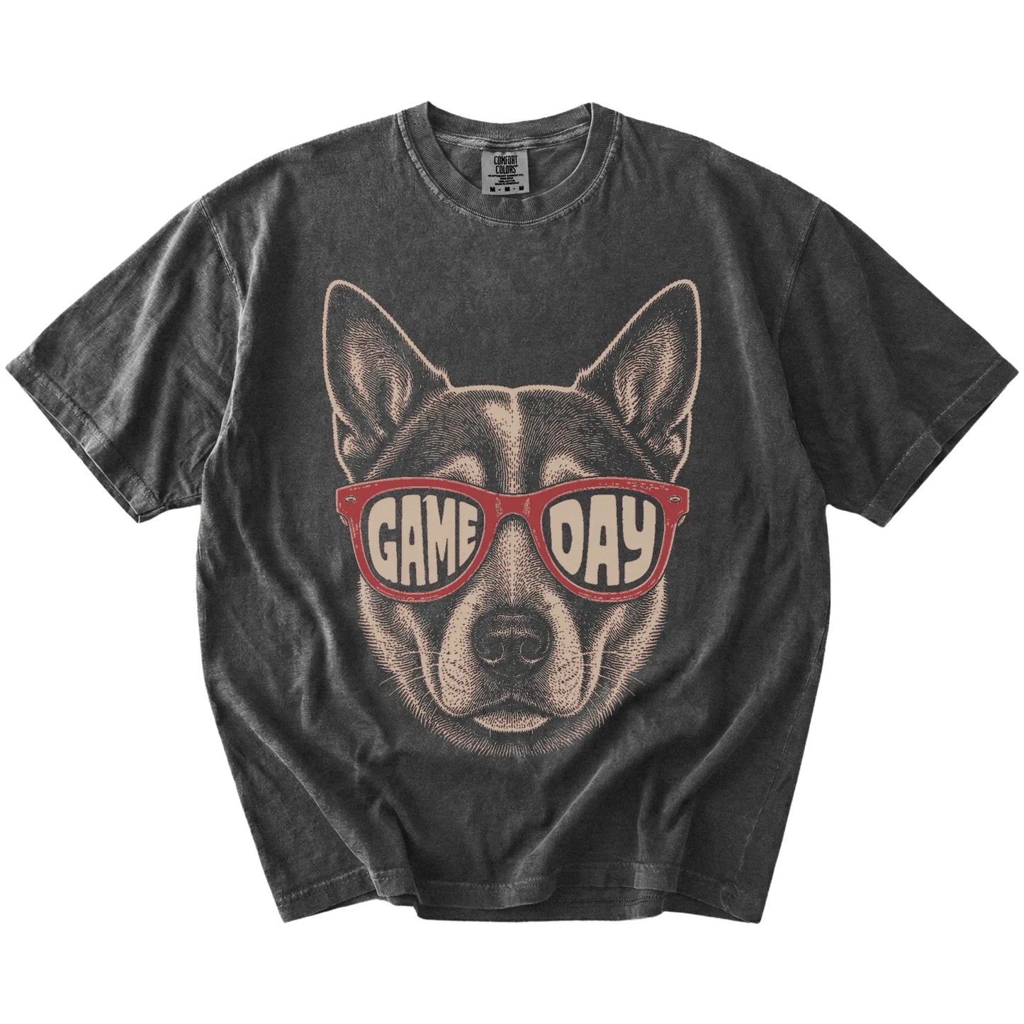 Blue Heeler wearing red Game Day sunglasses on a Pepper Comfort Colors® T-shirt