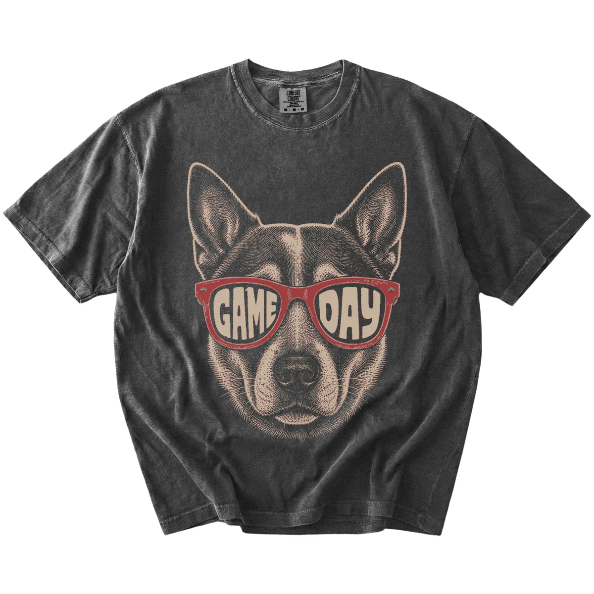 Blue Heeler wearing red Game Day sunglasses on a Pepper Comfort Colors® T-shirt