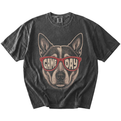 Blue Heeler wearing red Game Day sunglasses on a Pepper Comfort Colors® T-shirt