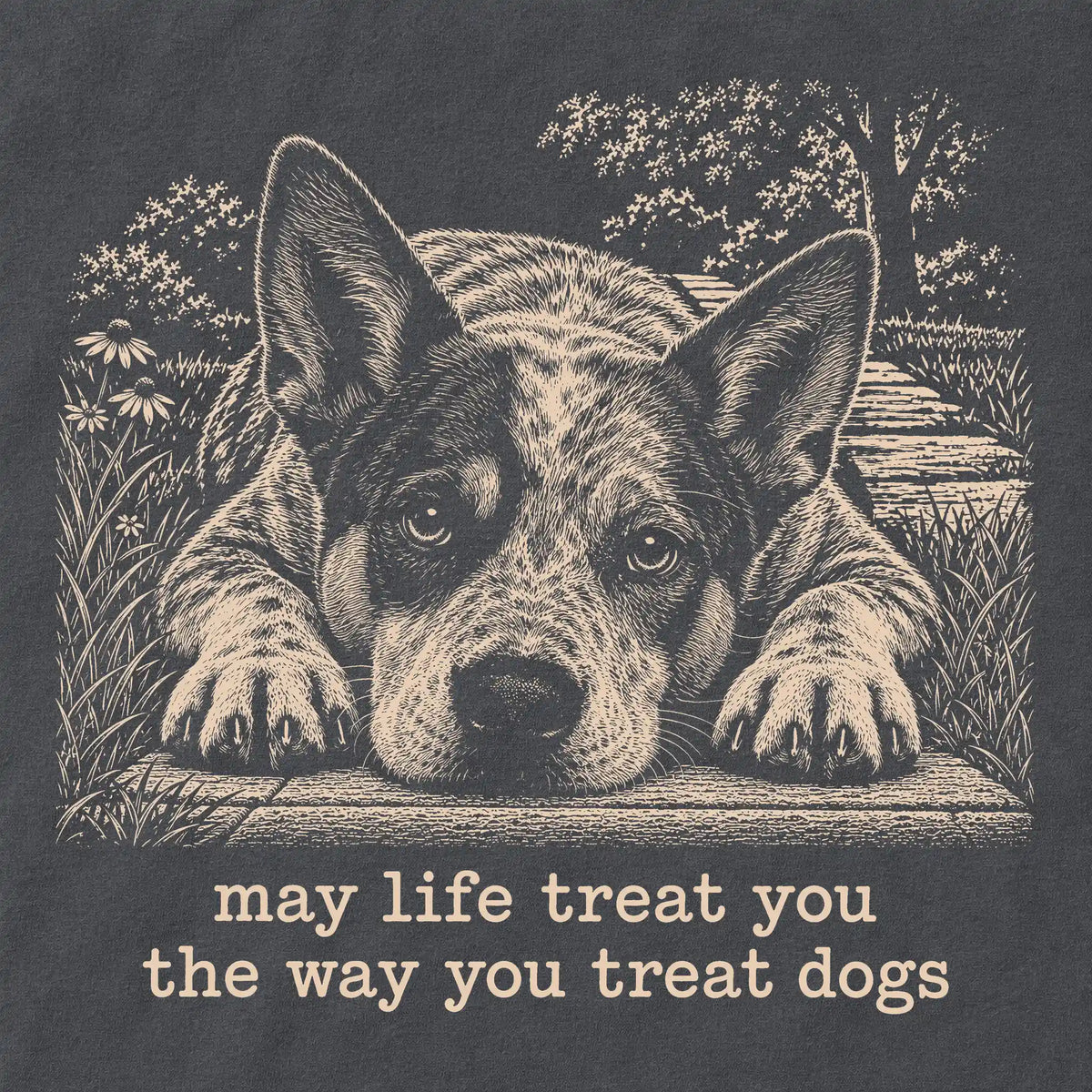 Blue Heeler Karma Comfort Colors sweatshirt in Pepper — Design Detail