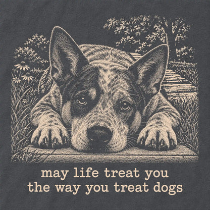 Blue Heeler Karma Comfort Colors sweatshirt in Pepper — Design Detail