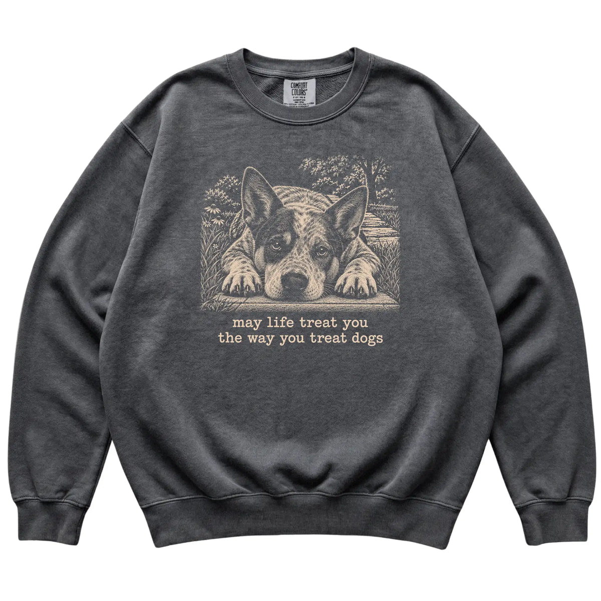 Blue Heeler Karma Comfort Colors sweatshirt in Pepper — Flat Lay