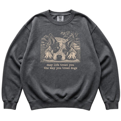 Blue Heeler Karma Comfort Colors sweatshirt in Pepper — Flat Lay