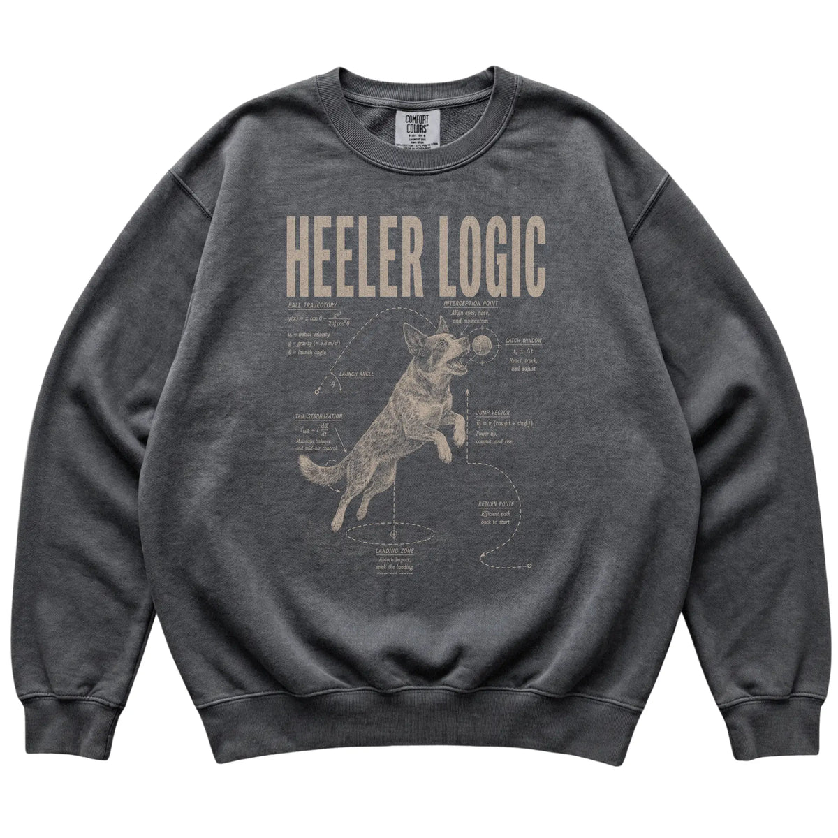 Pepper Blue Heeler Logic sweatshirt laid flat