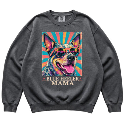 Retro Blue Heeler Mama design on a Pepper Comfort Colors sweatshirt