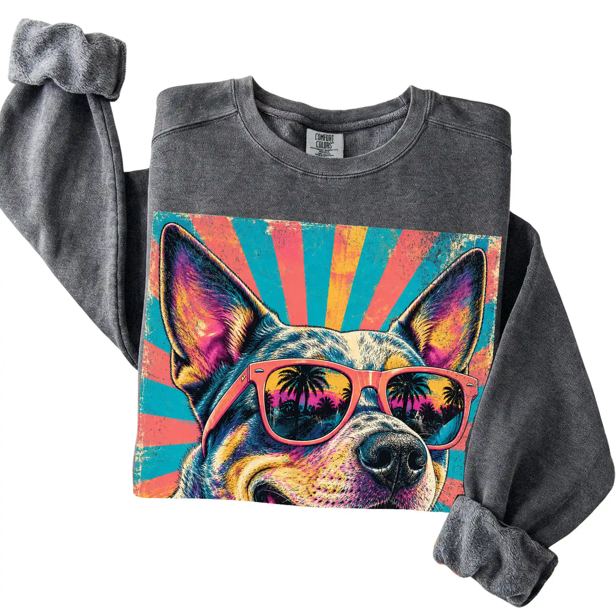 Folded Pepper Comfort Colors sweatshirt with a Retro Blue Heeler Mama design