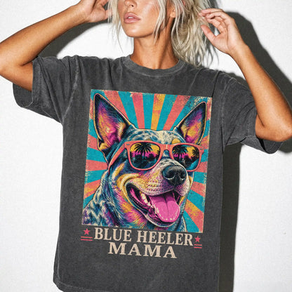 Retro Blue Heeler Mama design on a Pepper Comfort Colors T-shirt worn by a model