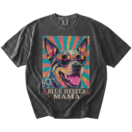 Retro Blue Heeler Mama design on a Pepper Comfort Colors T-shirt