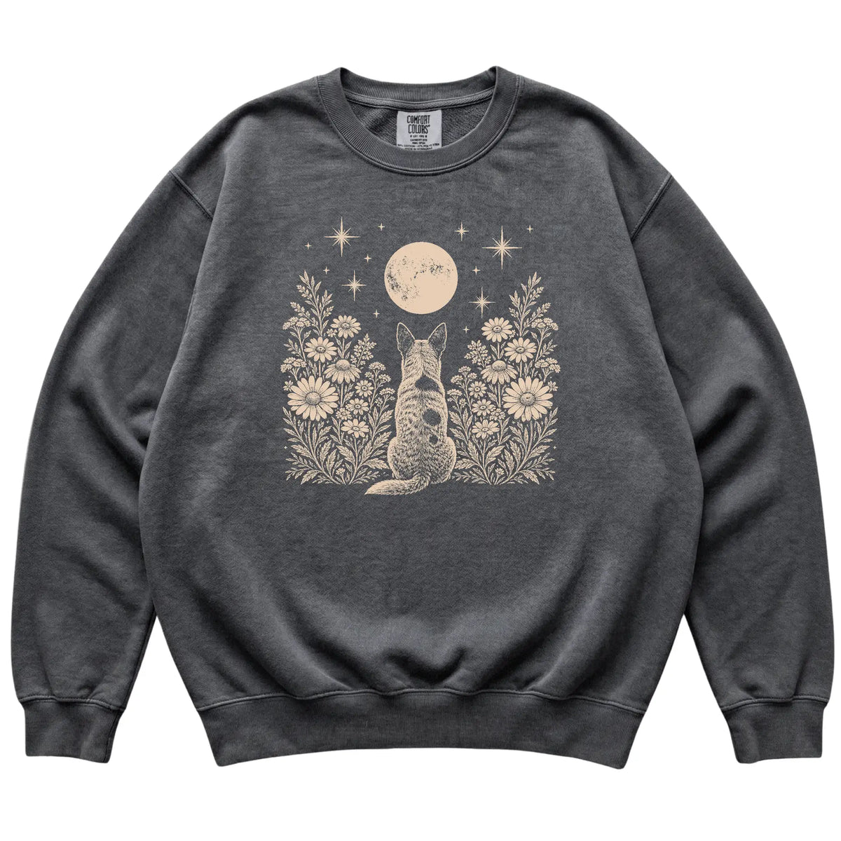 Blue Heeler Wildflower Moon sweatshirt in Pepper, flat lay view