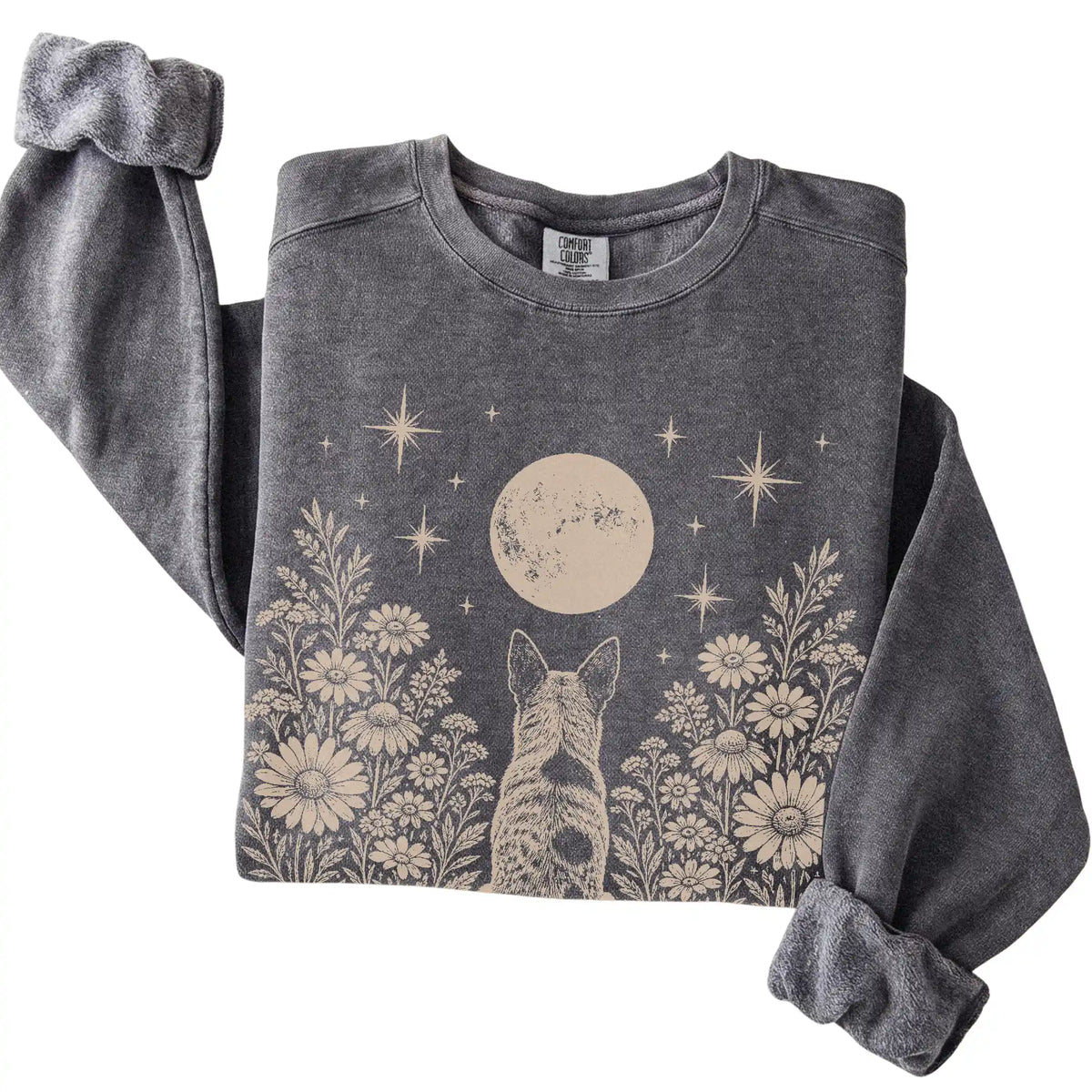 Blue Heeler Wildflower Moon sweatshirt in Pepper, folded detail view