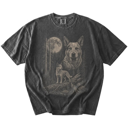 Pepper Blue Heeler Moonlit Forest T-Shirt laid flat