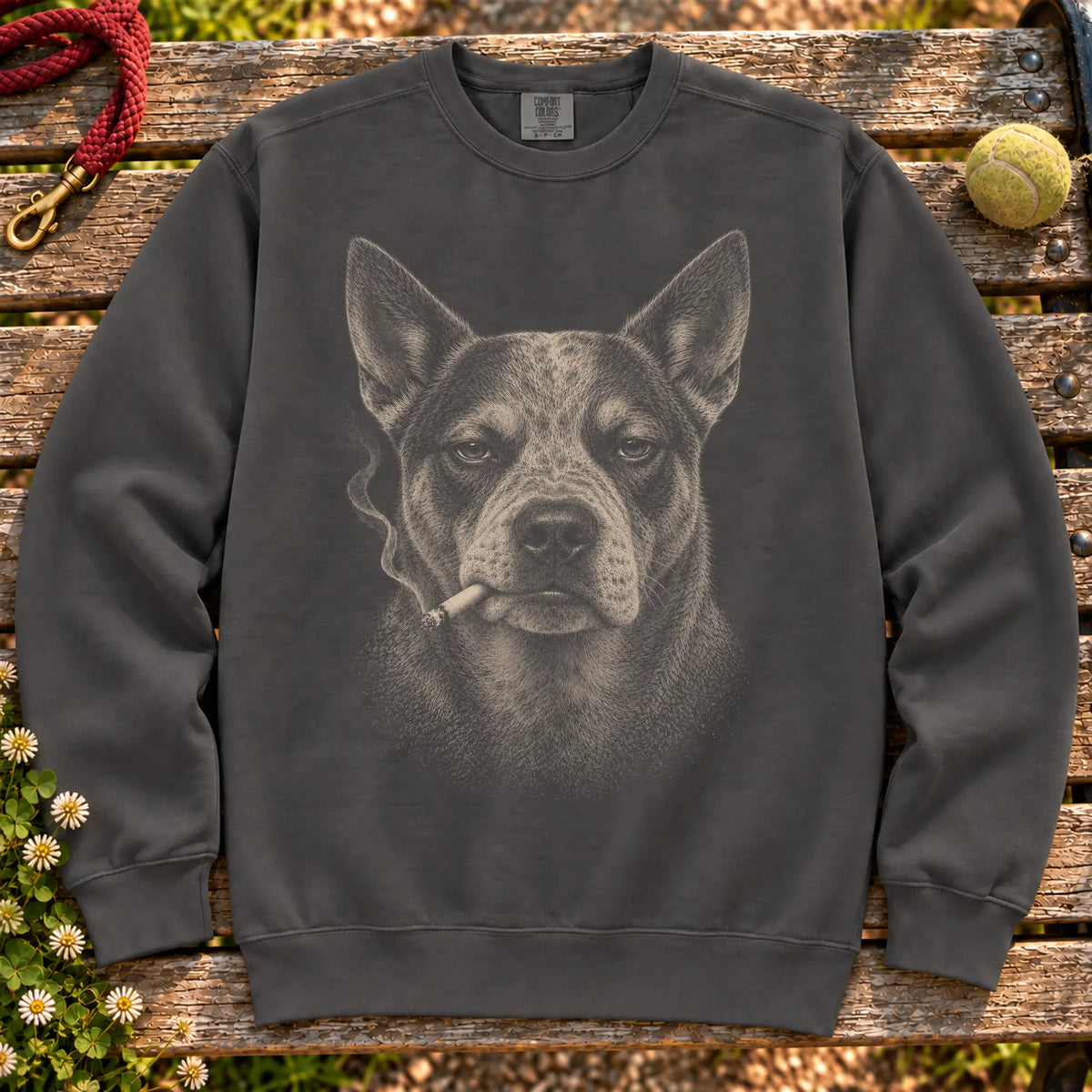 Blue Heeler smoking design on a Pepper sweatshirt