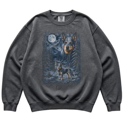 pepper sweatshirt with Blue Heeler Winter Moon artwork.