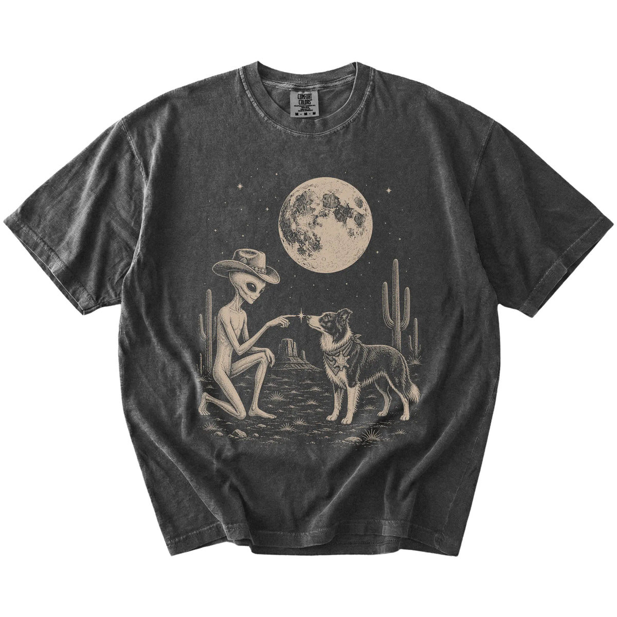 Cowboy alien fist-bumping a Border Collie beneath the moon on a Pepper Comfort Colors® T-shirt