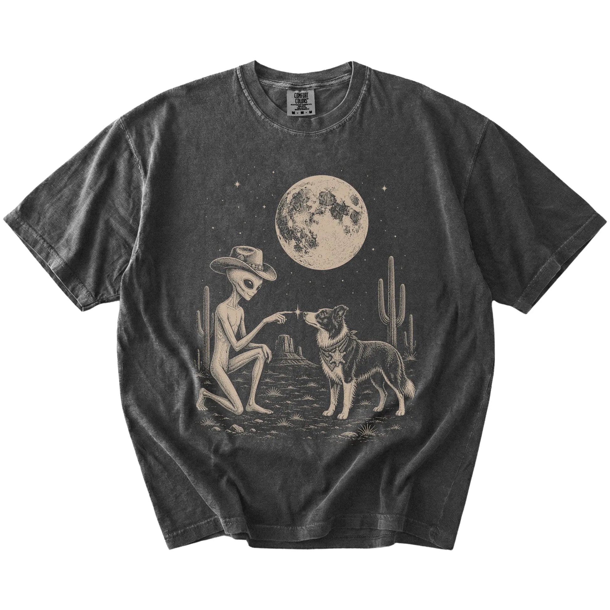 Cowboy alien fist-bumping a Border Collie beneath the moon on a Pepper Comfort Colors® T-shirt