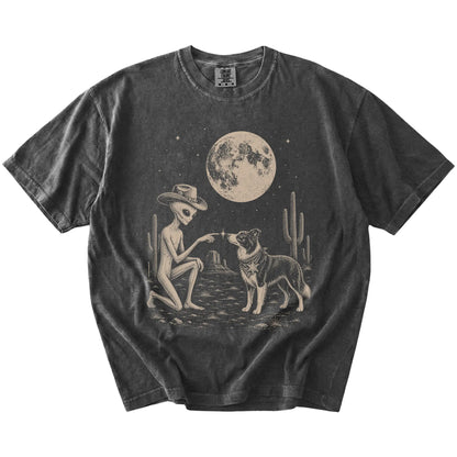 Cowboy alien fist-bumping a Border Collie beneath the moon on a Pepper Comfort Colors® T-shirt