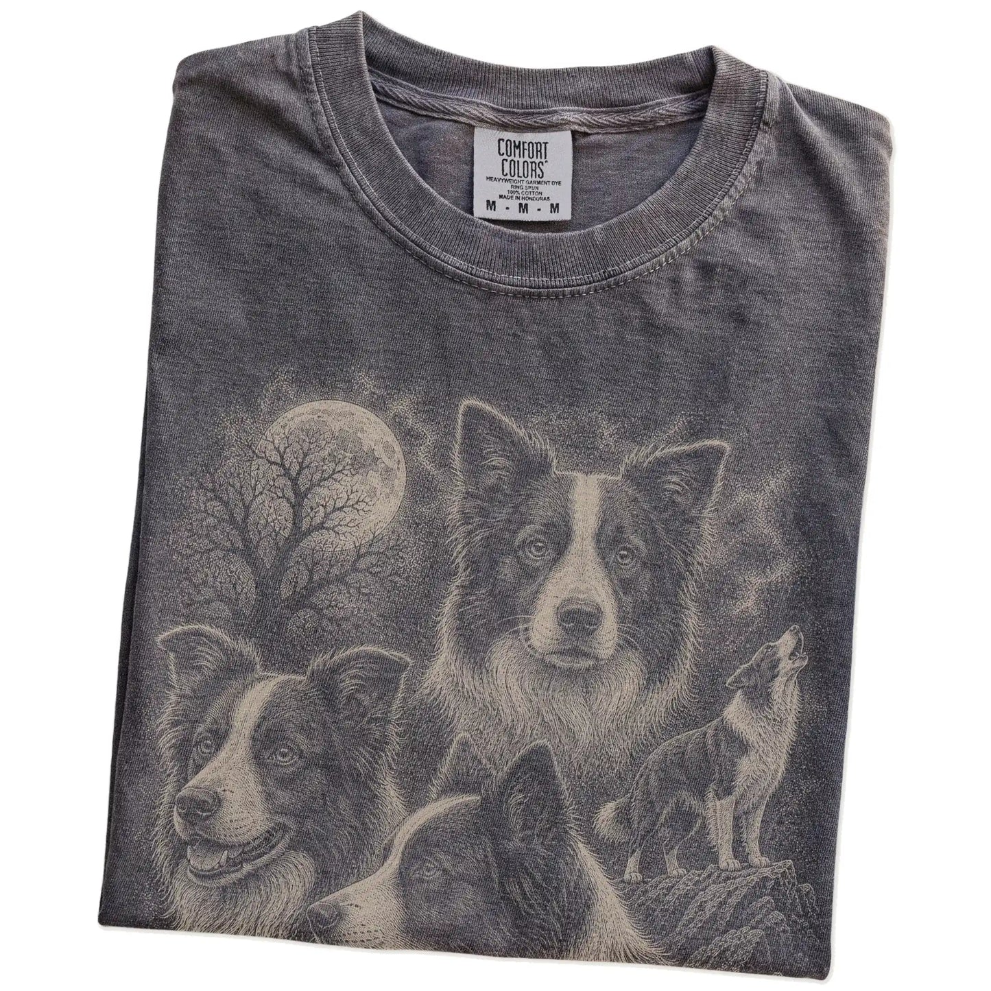 Folded Pepper Comfort Colors® T-shirt showing a vintage moon montage featuring Border Collie