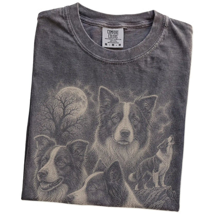 Folded Pepper Comfort Colors® T-shirt showing a vintage moon montage featuring Border Collie