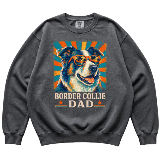Retro Border Collie Dad design on a Pepper Comfort Colors sweatshirt