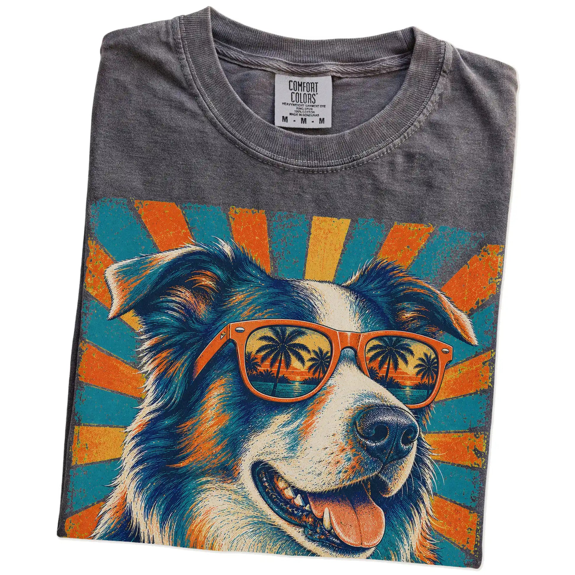 Retro Border Collie Dad design on a Pepper Comfort Colors T-shirt folded detail