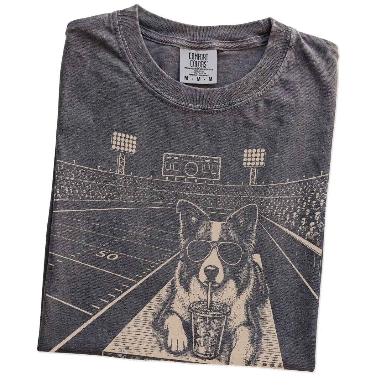Folded Pepper Comfort Colors® T-shirt showing Border Collie ready for football and tailgate season