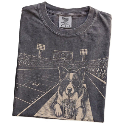 Folded Pepper Comfort Colors® T-shirt showing Border Collie ready for football and tailgate season