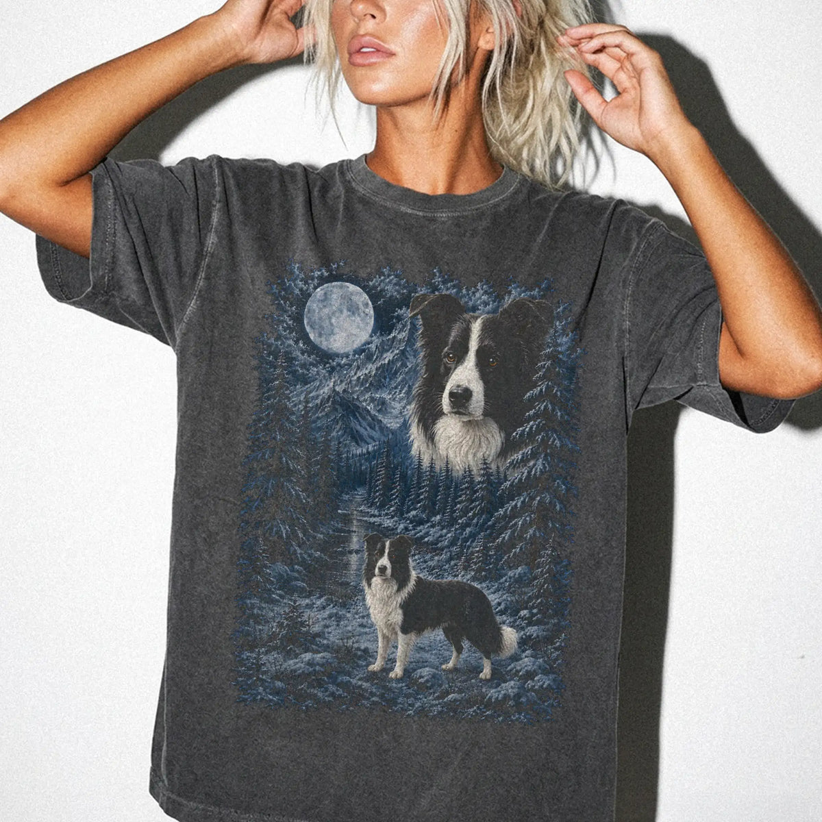 Person wearing a Pepper Border Collie winter forest t-shirt