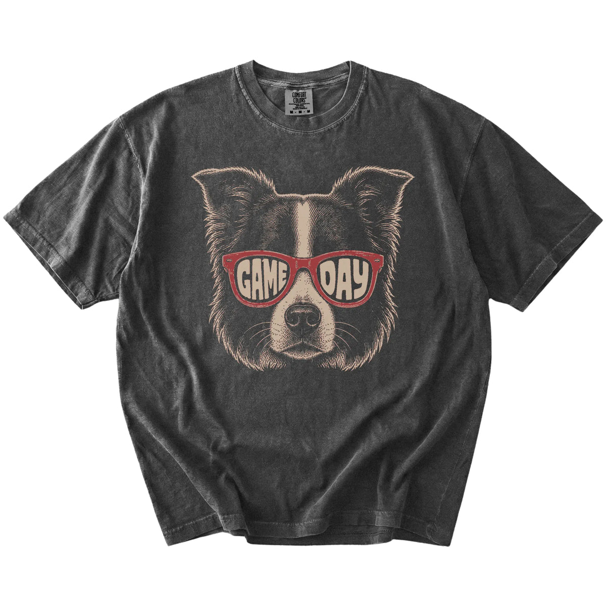 Border Collie wearing red Game Day sunglasses on a Pepper Comfort Colors® T-shirt