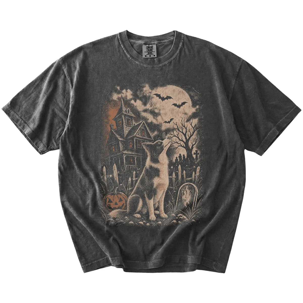 Border Collie in a vintage haunted-house scene on a Pepper Comfort Colors® T-shirt