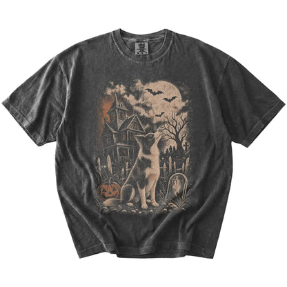 Border Collie in a vintage haunted-house scene on a Pepper Comfort Colors® T-shirt