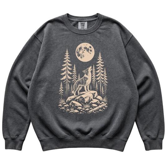 Close view of Border Collie Howling at the Moon artwork on Pepper Comfort Colors sweatshirt