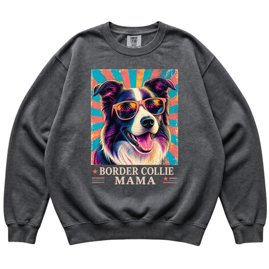 Retro Border Collie Mama design on a Pepper Comfort Colors sweatshirt